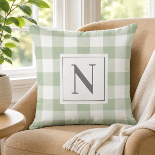 Sage Green Gingham Check Monogram Initial Throw Pillow