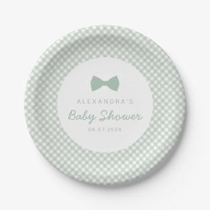 Sage green gingham dotted bow tie baby shower paper plate