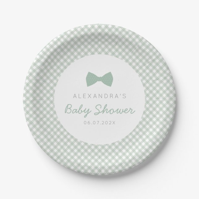Sage green gingham dotted bow tie baby shower paper plate (Front)