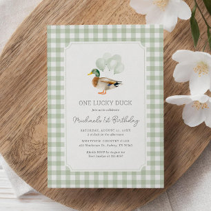 Sage Green Gingham Duck 1st Birthday Invitation