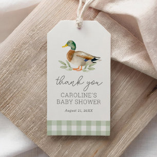 Sage Green Gingham Duck Baby Shower Gift Tags