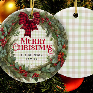 Sage Green Gingham Farmhouse Christmas Wreath Ceramic Ornament