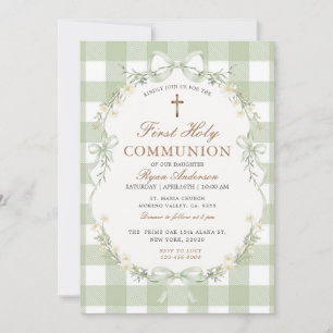 Sage Green Gingham First Holy Communion Invitation