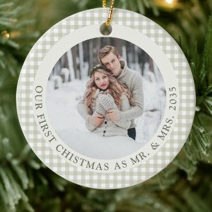 Sage Green Gingham First Married Christmas Photo Ceramic Ornament