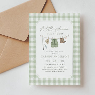 Sage Green Gingham Fishing Baby Shower Invitation