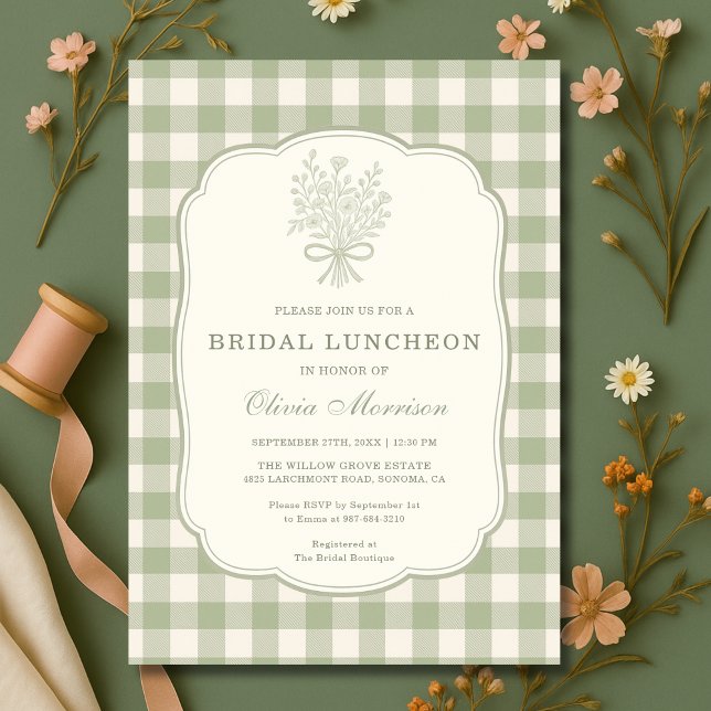 Sage Green Gingham Floral Bow Bridal Luncheon Invitation (Creator Uploaded)
