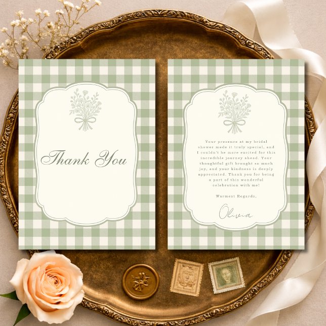 Sage Green Gingham Floral Bow Bridal Shower Thank You Card (Creator Uploaded)