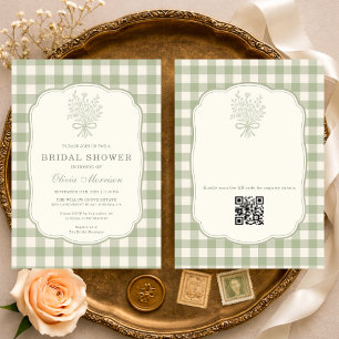 Sage Green Gingham Floral QR Code Bridal Shower Invitation