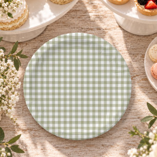 Sage Green Gingham Garden Party Paper Plate