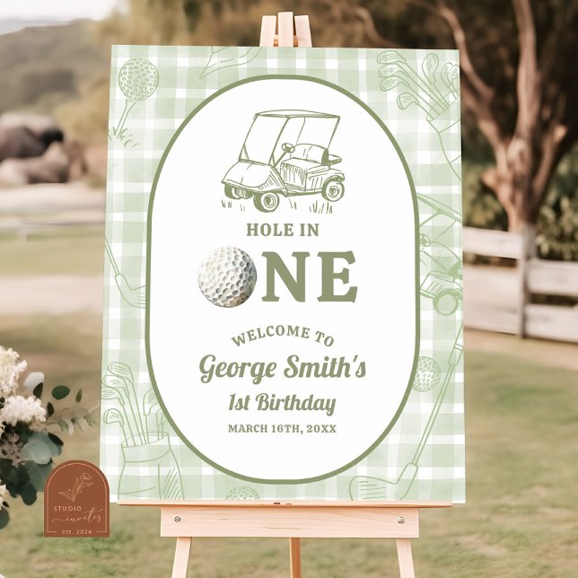 Sage Green Gingham Golf 1st Birthday Welcome Sign (Creator Uploaded)
