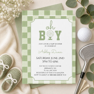 Sage Green Gingham Golf Baby Shower Invitation