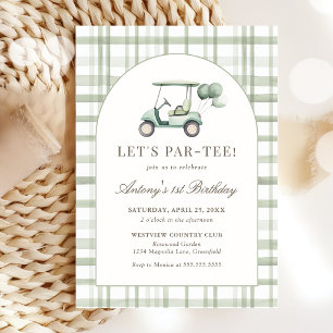 Sage Green Gingham Golf Birthday Invitation