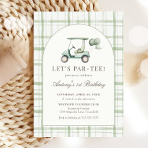 Sage Green Gingham Golf Birthday Invitation