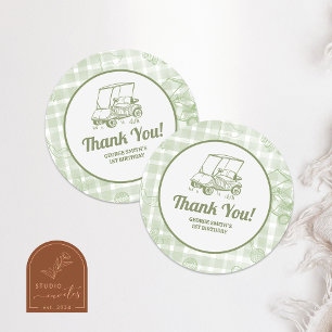 Sage Green Gingham Golf Birthday Thank You Sticker