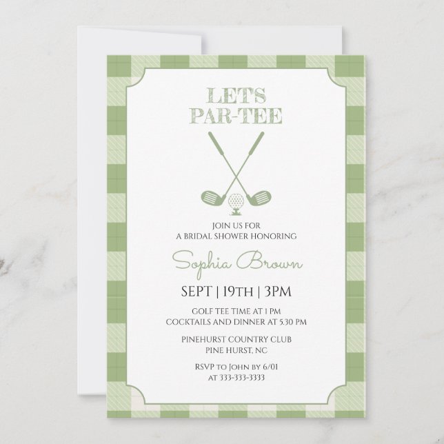 Sage Green Gingham Golf Bridal Shower Invitation (Front)