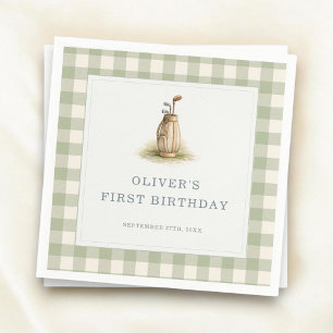 Sage Green Gingham Golf First Birthday Party Napkin