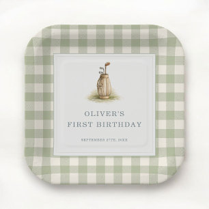 Sage Green Gingham Golf First Birthday Party Paper Plate