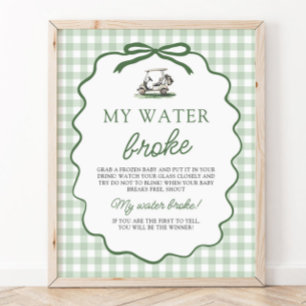 Sage Green Gingham Golf My Water Broke Baby Shower Poster