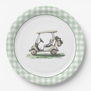 Sage Green Gingham Golf New to the Club Paper Plate