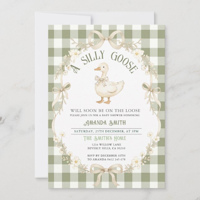 Sage Green Gingham Goose Baby Shower Invitation (Front)