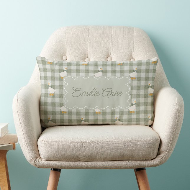 Sage Green Gingham Goose Buffalo Check Custom Name Lumbar Pillow (Creator Uploaded)