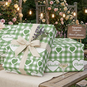 Sage Green Gingham Hearts Custom Couple Names Wrapping Paper