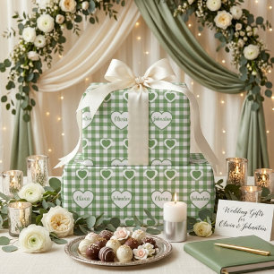 Sage Green Gingham Hearts Custom Couple Names Wrapping Paper