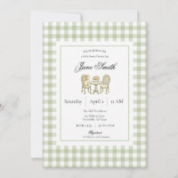 Sage Green Gingham Kitten Baby Shower Invitation