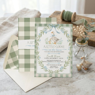 Sage Green Gingham Little Goose Baby Shower Invitation