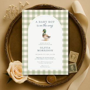 Sage Green Gingham Mallard Duck Bow Baby Shower Invitation
