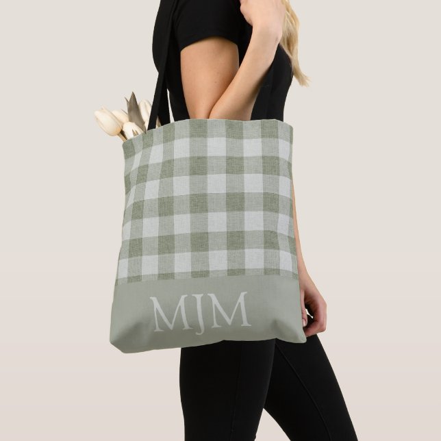 Sage Green Gingham Monogram Custom Name Tote Bag (Close Up)