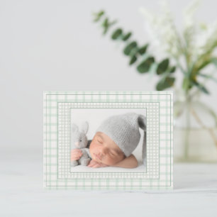 Sage Green Gingham One Photo Gender Neutral Birth Announcement Postcard