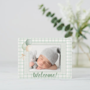Sage Green Gingham One Photo Gender Neutral Birth Announcement Postcard