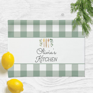Sage Green Gingham Pattern Farmhouse Cottagecore Kitchen Towel