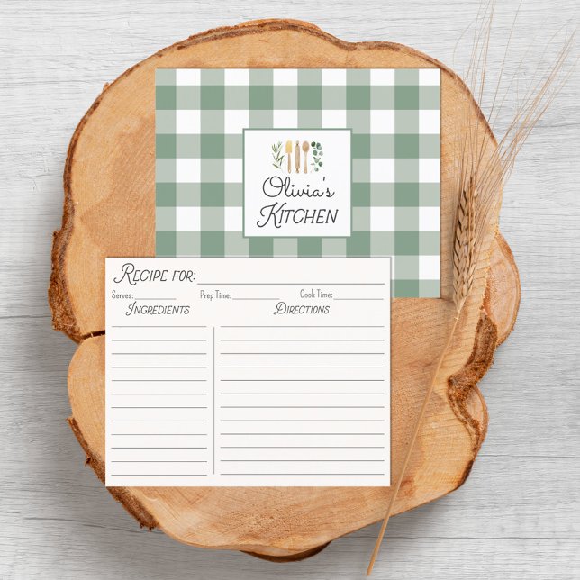 Sage Green Gingham Pattern Farmhouse Recipe Card (Front and Back)
