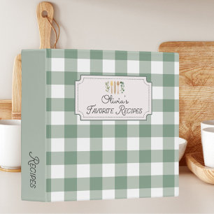 Sage Green Gingham Pattern Recipe Cookbook Binder