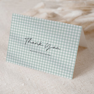 Sage Green Gingham Pattern Script Folded Photo Thank You Card
