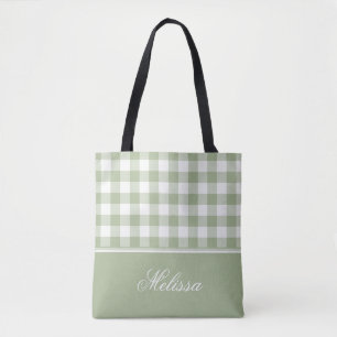 Sage Green Gingham   Personalized Tote Bag
