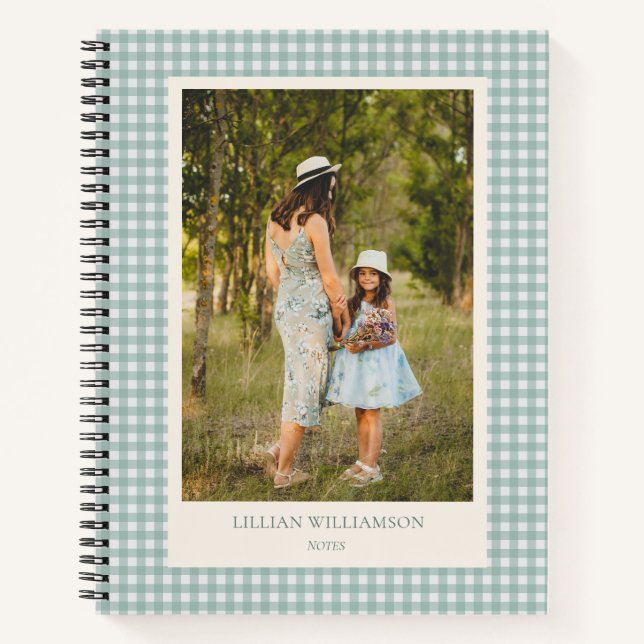 Sage Green Gingham Photo Personalized Notes  Notebook (Front)