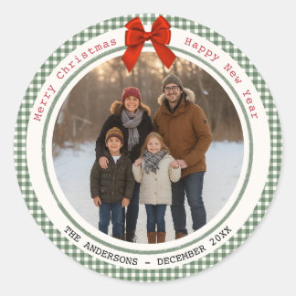 Sage Green Gingham Plaid Circle Photo Christmas Classic Round Sticker