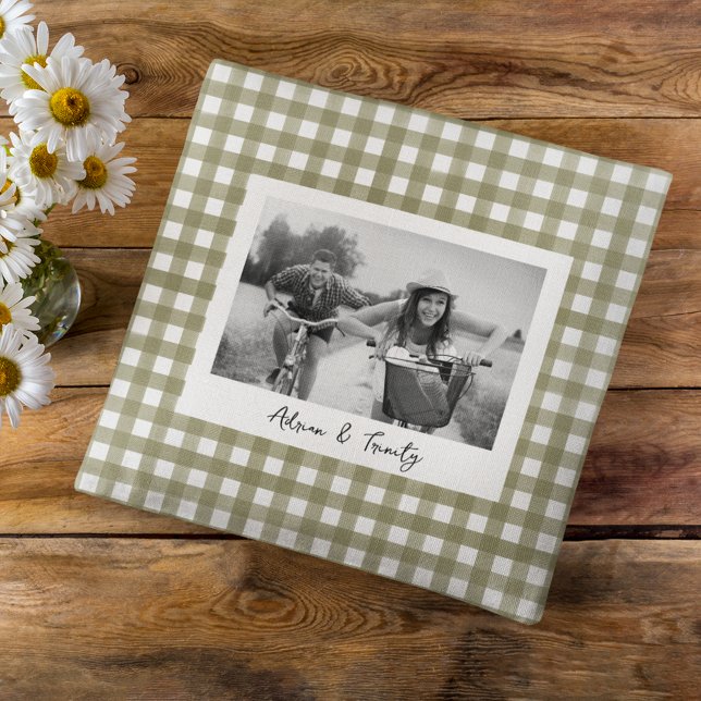 Sage Green Gingham Plaid Custom Photo Throw Pillow (Creator Uploaded)