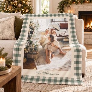 Sage Green Gingham Plaid Family Photo Christmas Fleece Blanket