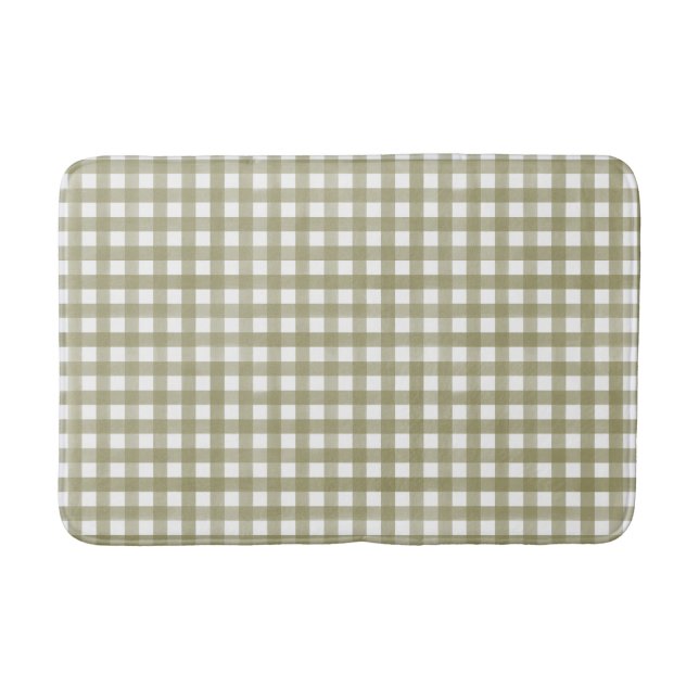 Sage Green Gingham Plaid Patterned Bath Mat (Front)