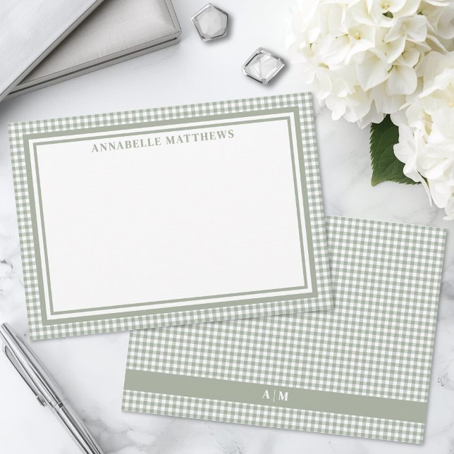 Sage Green Gingham Plaid Personalized Card (Sage Green Gingham Plaid Personalized Note Card)