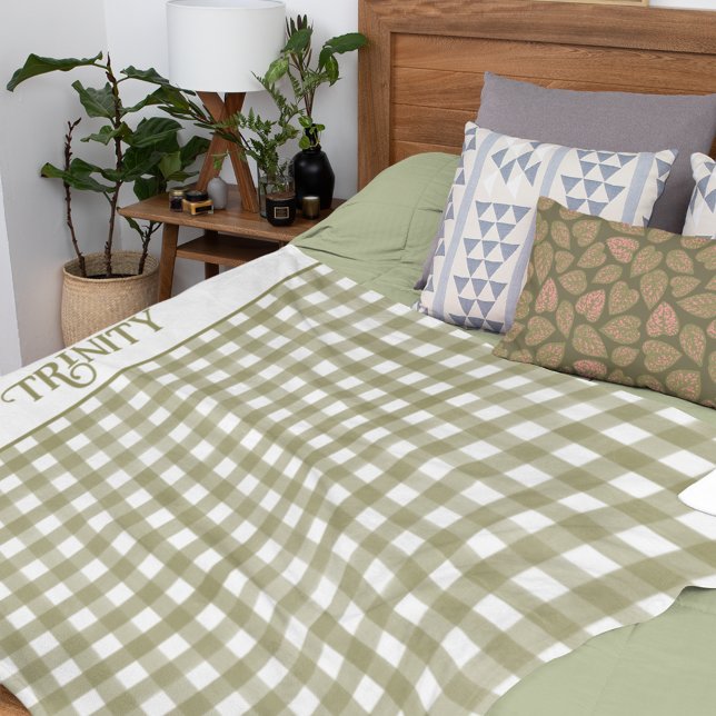 Sage Green Gingham Plaid Personalized Fleece Blanket (Creator Uploaded)