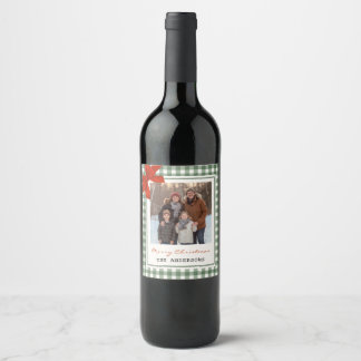 Sage Green Gingham Plaid Photo Christmas Wine Label
