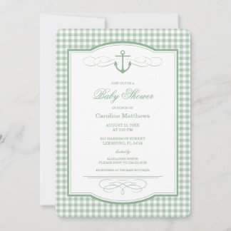 Sage Green Gingham Preppy Coastal Baby Shower Invitation