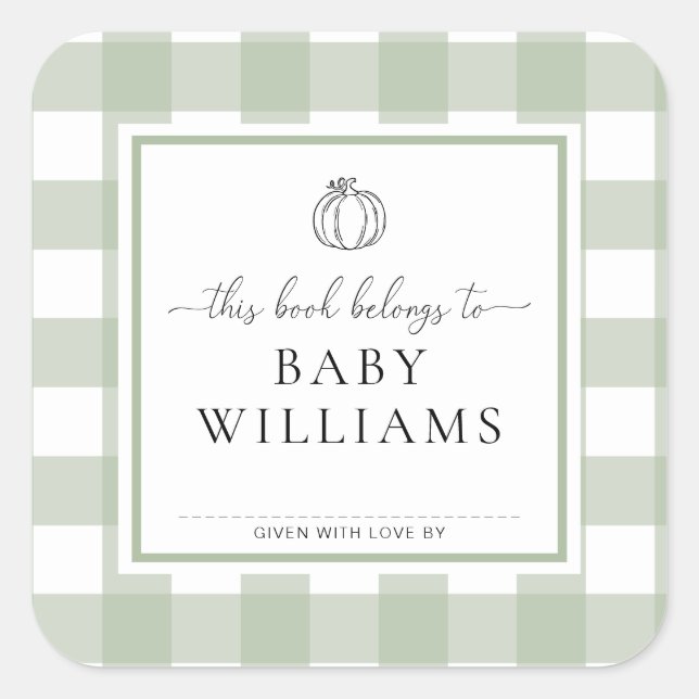 Sage Green Gingham Pumpkin Bookplate Sticker (Front)