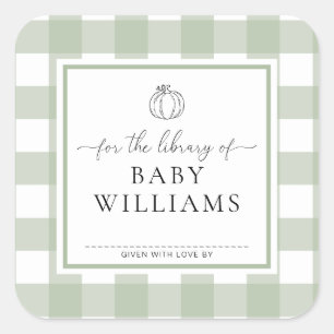 Sage Green Gingham Pumpkin Library Of Bookplate Square Sticker