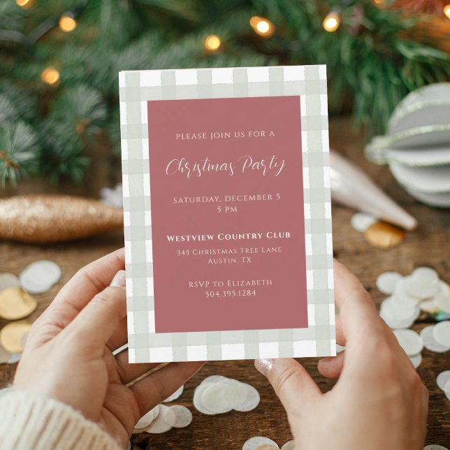 Sage Green Gingham & Rust Red Holiday Party Invitation (Creator Uploaded)